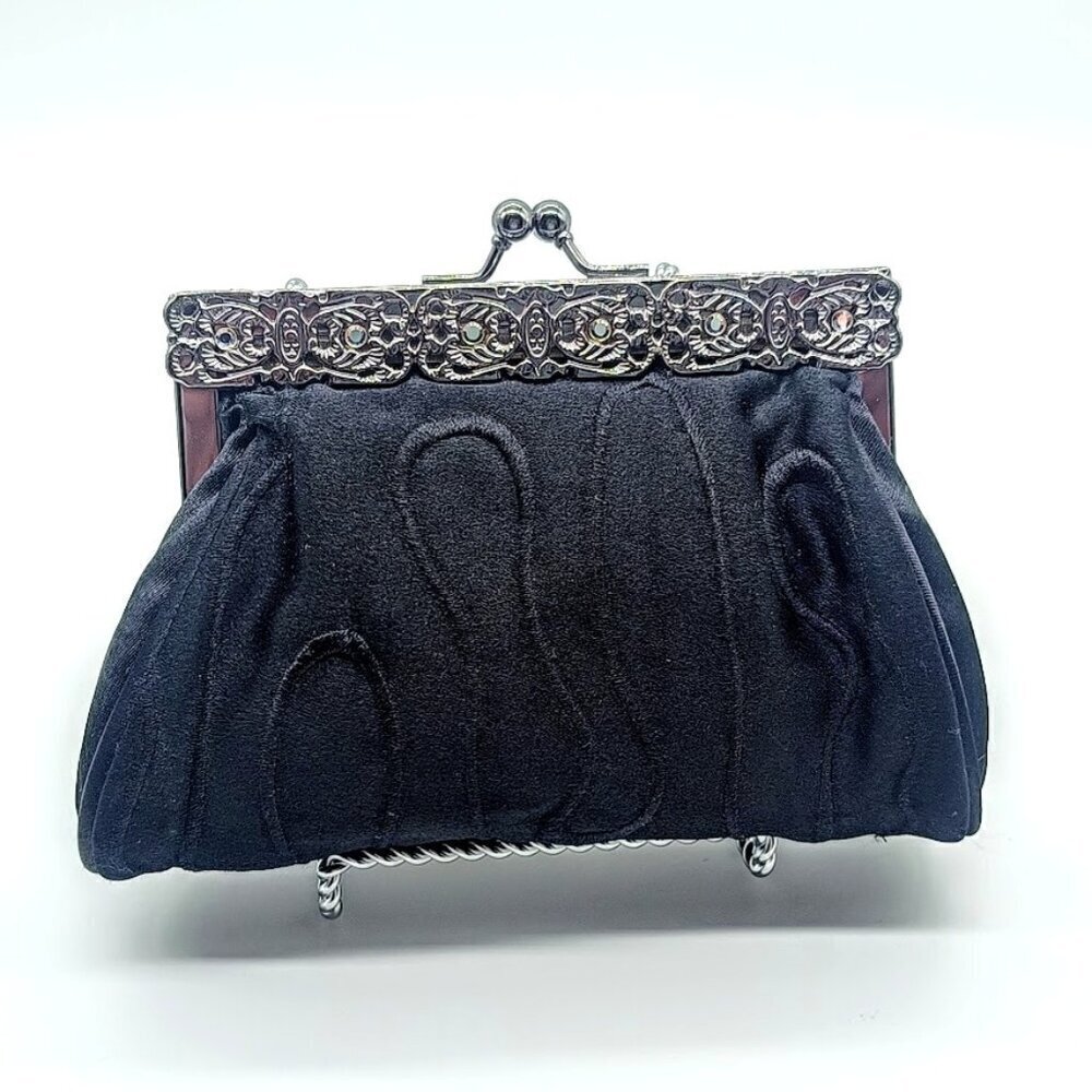 Moni Couture Black Silver Gunmetal Filigree Crystal Hinged Mini Bag